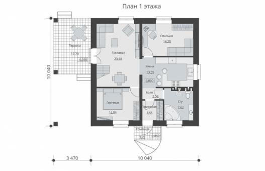 Проект одноэтажного дома с мансардой, навесом и террасой