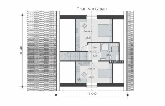 Проект одноэтажного дома с мансардой, навесом и террасой